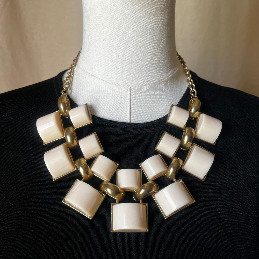 Vintage Erica‎ Lyons Lucite Statement Bib Necklace Gold Tone Geometric 28"
